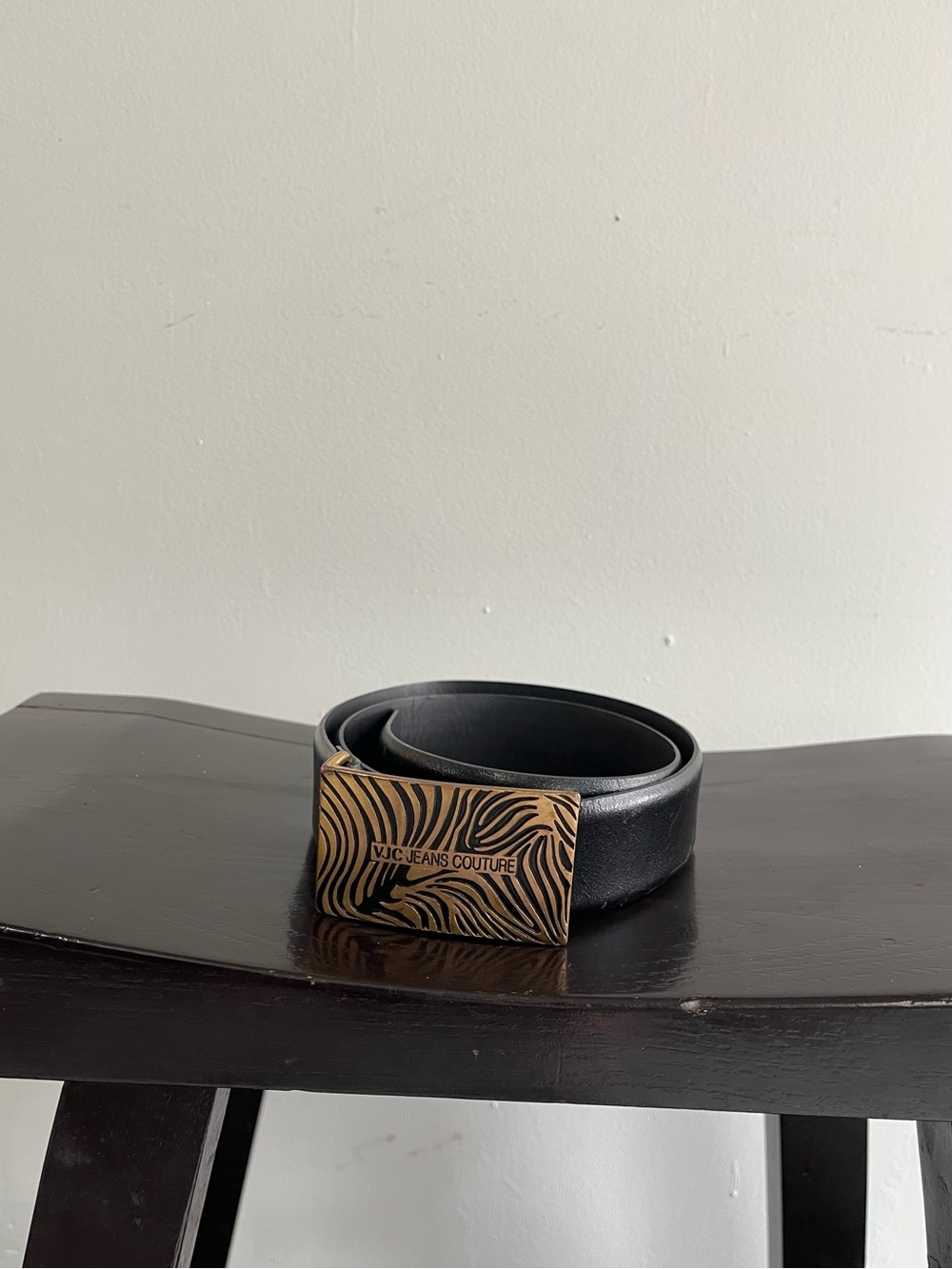 Versace Jeans Couture Black Leather Belt with Gold Logo Stamp